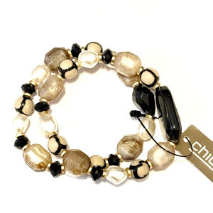 CHICO’s Black, White & Tan Neutral Stone Elastic Bracelets Set | NWT